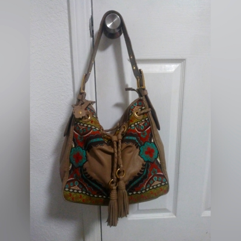 Isabella Fiore Boho Embroidered Leather Hobo Bag